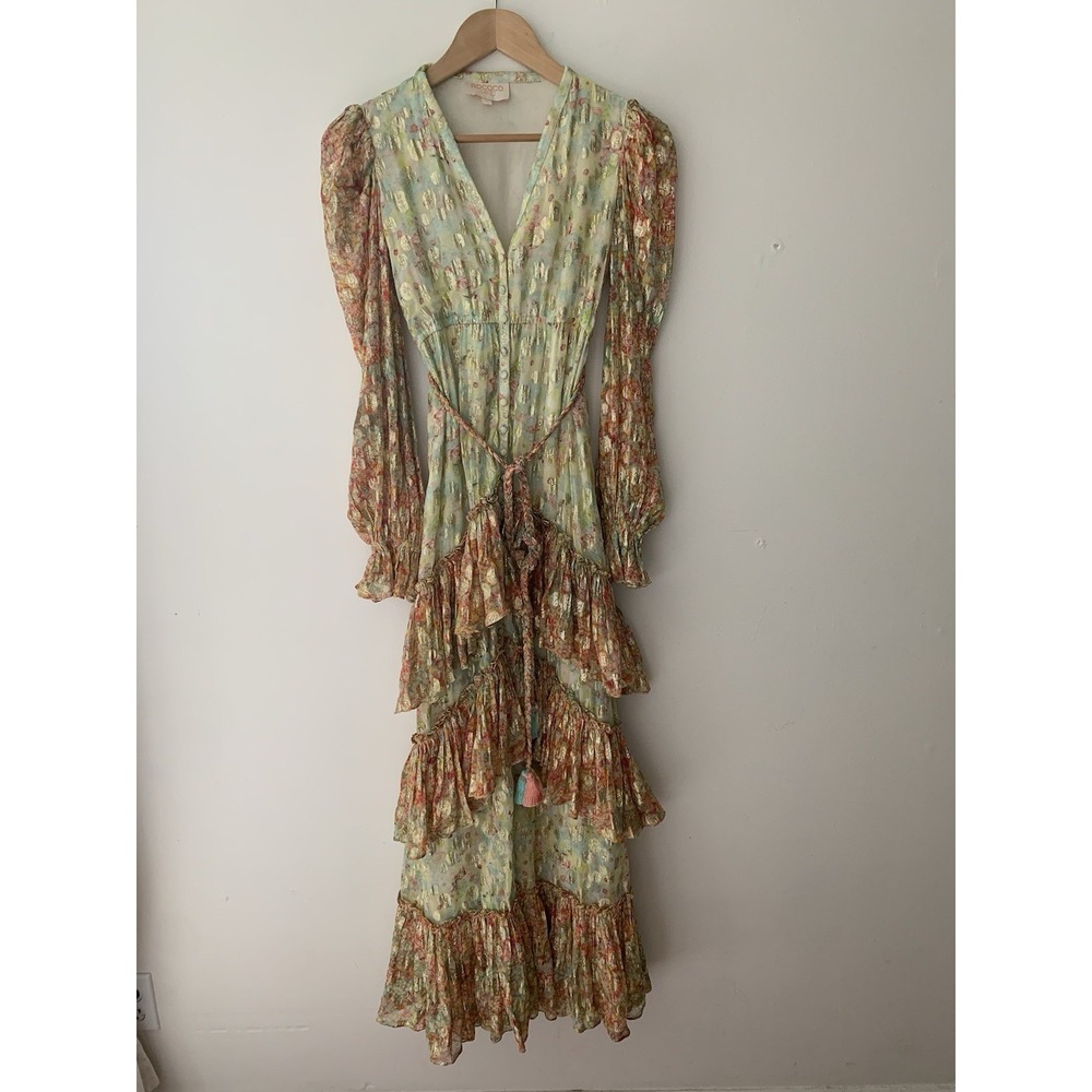 Rococo Sand Faye Belted Maxi Dress S Long Puff Sleeve Metallic Detail Formal